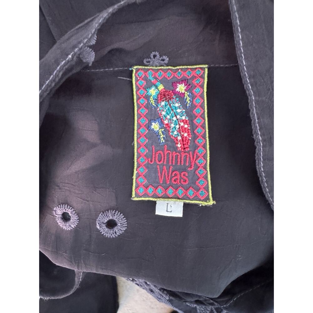 Johnny Was Wynne Indigo Black Embroidered Scalloped Tunic Top Blouse Size L - Picture 9 of 9
